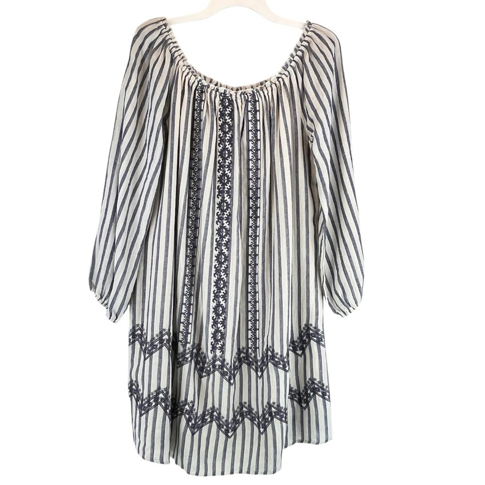 NEW Mystree Blue Cream Cotton Striped Embroidered Dress On / Off-shoulder L NWT